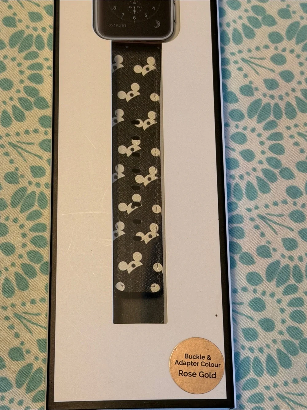 Casetify Black iWatch 38mm Band with White Mouse Ears and Rose Gold Buckle